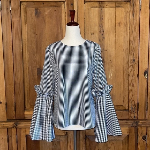 Scrap Work Boutique Gingham Bell Sleeve Blouse Sz. S - Picture 1 of 16